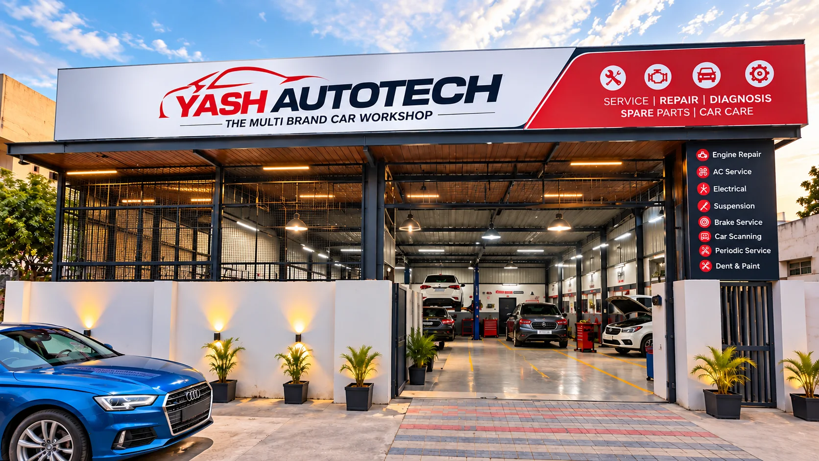 Yash AutoTech multi brand car workshop front view in Malviya Nagar, Jaipur
